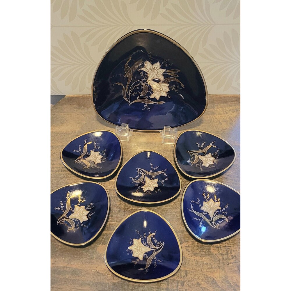 Vintage Limburg Germany Cobalt Blue Porcelain Triangular Berry Dessert Set